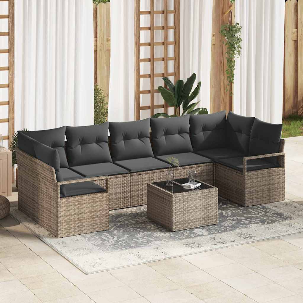 Set Divano da Giardino 8 pcs Grigio Polyrattan, Acciaio e Vetro