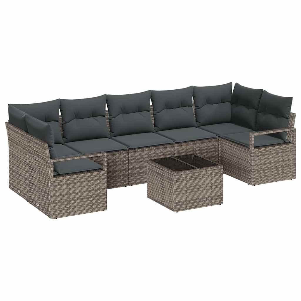 Set Divano da Giardino 8 pcs Grigio Polyrattan, Acciaio e Vetro