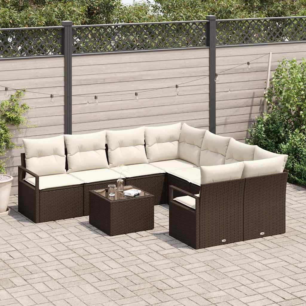 Set di divani con cuscino 9 pcs Marrone e Crema polyrattan