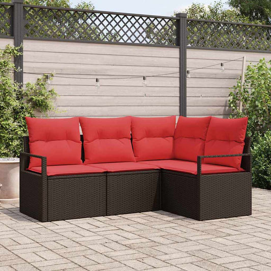 Set Divano da Giardino 4 pz Marrone e Rosso polyrattan