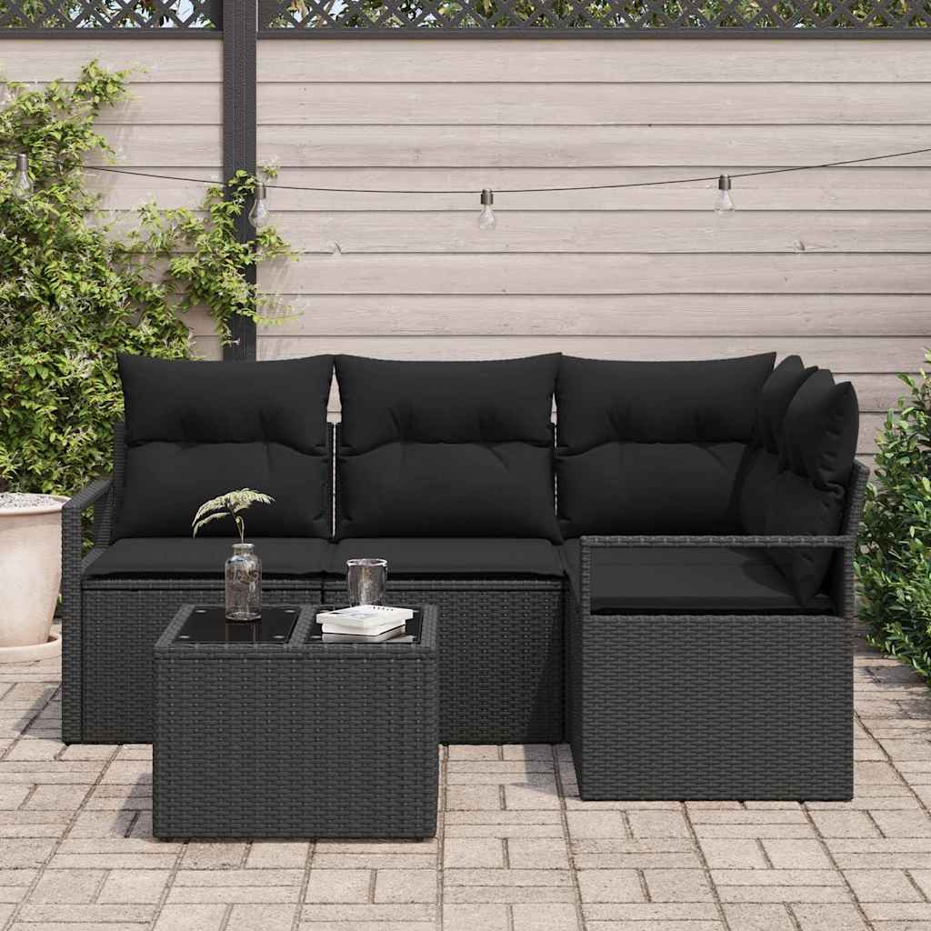 Set di divani con cuscino 5 pcs Nero polyrattan
