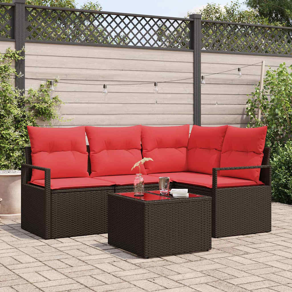 Set Divano da Giardino 5 pcs Marrone e Rosso polyrattan
