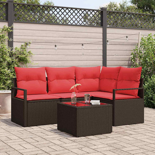 Set Divano da Giardino 5 pz Marrone e Rosso polyrattan