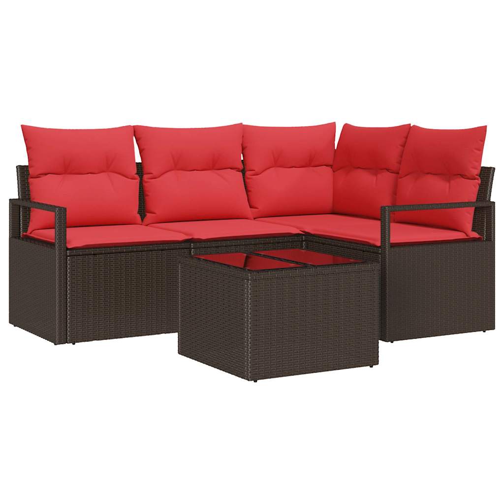 Set Divano da Giardino 5 pcs Marrone e Rosso polyrattan