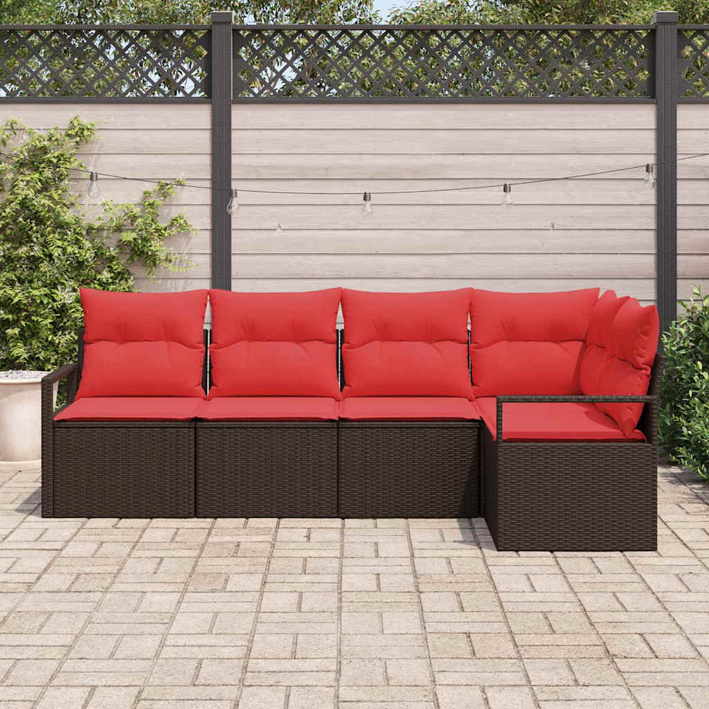Set Divano da Giardino 5 pcs Marrone e Rosso polyrattan