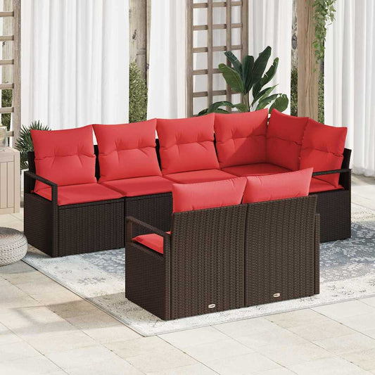 Set Divano da Giardino 7 pz Marrone e Rosso polyrattan