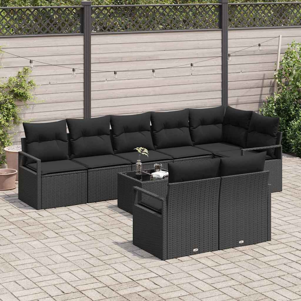 Set Divano da Giardino con cuscino 9 pcs Nero polyrattan | homemem39