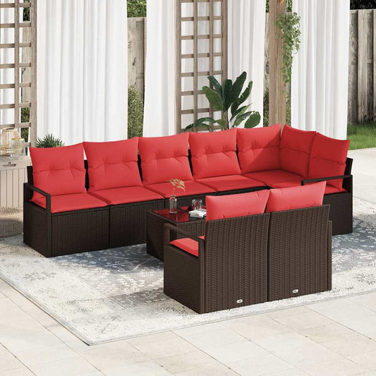 Set Divano da Giardino 9 pz Marrone e Rosso polyrattan