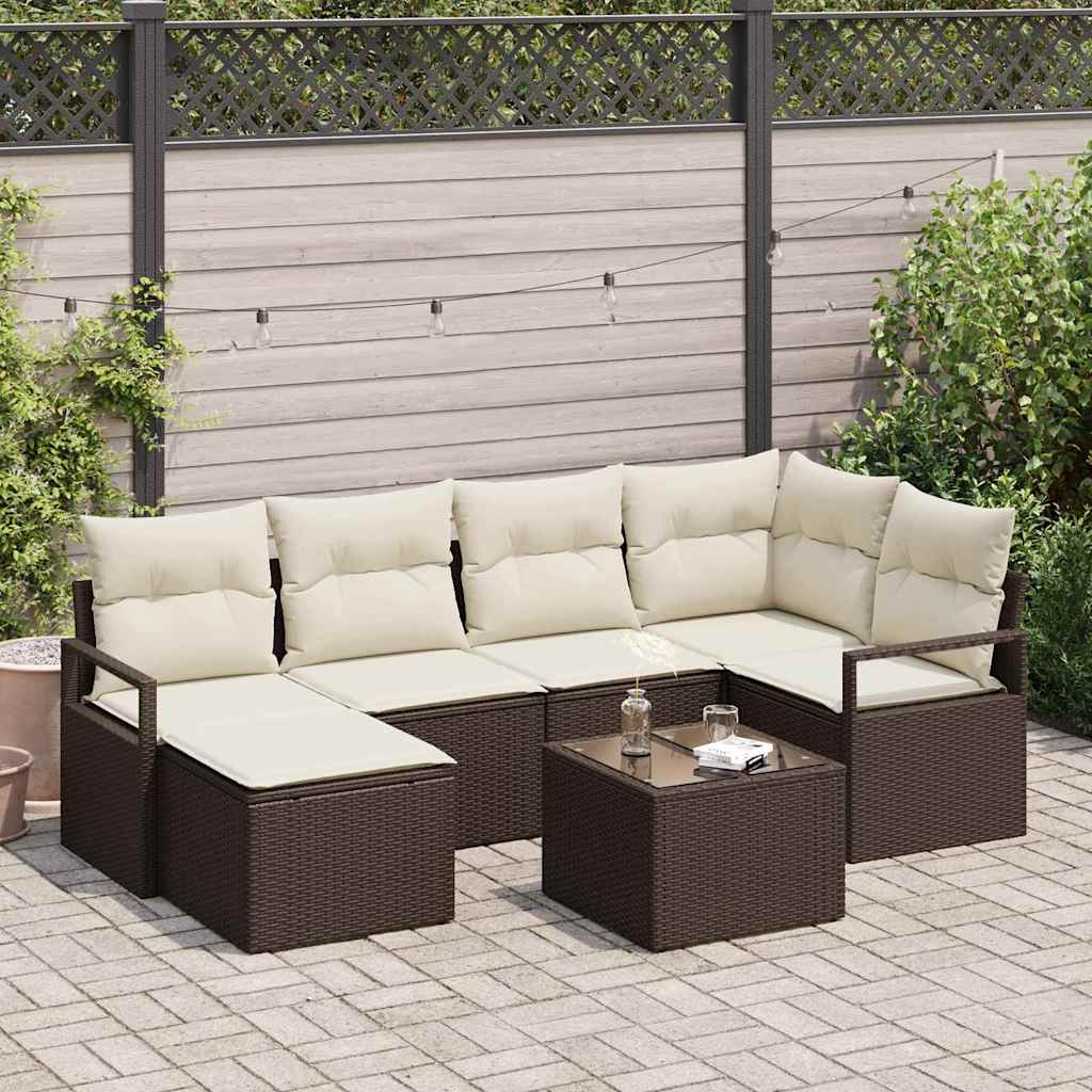 Set di divani con cuscino 7 pcs Marrone e Crema polyrattan | homemem39