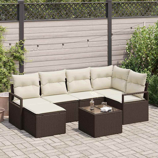 Set di divani con cuscino 7 pcs Marrone e Crema polyrattan