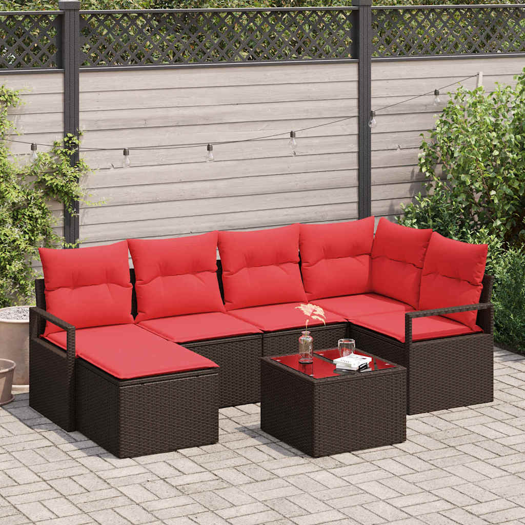 Set di divani con cuscino 7 pcs Marrone e Rosso polyrattan
