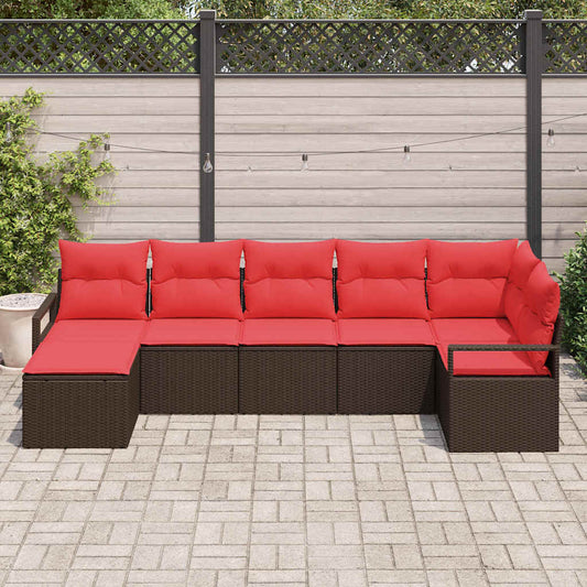 Set di divani 7 pz Marrone e Rosso polyrattan