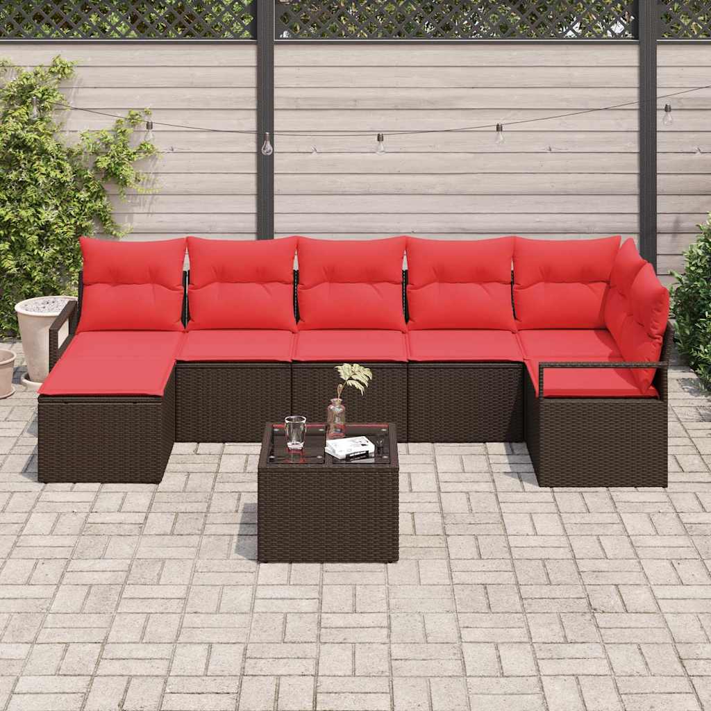 Set di divani con cuscino 8 pcs Marrone e Rosso polyrattan