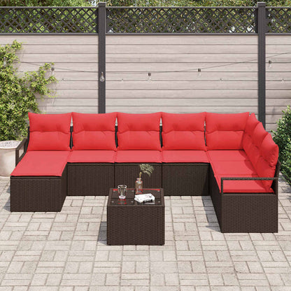 Set di divani con cuscino 9 pcs Marrone e Rosso polyrattan