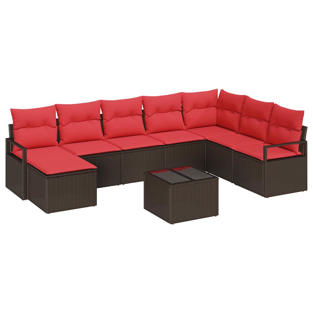 Set di divani con cuscino 9 pcs Marrone e Rosso polyrattan | homemem39