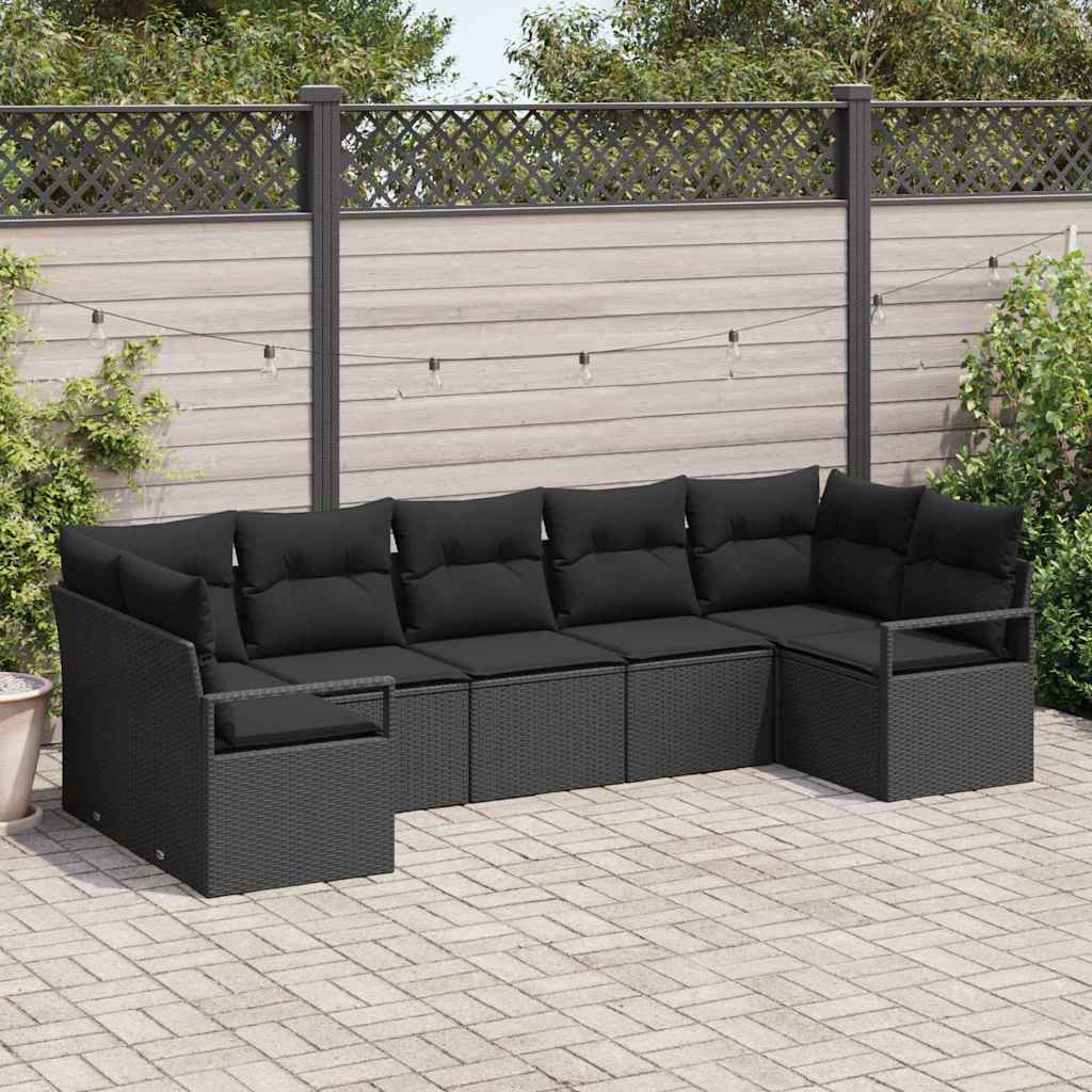 Set Divano da Giardino con cuscino 7 pcs Nero polyrattan