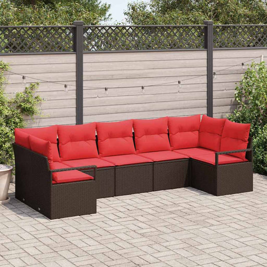 Set Divano da Giardino 7 pz Marrone e Rosso polyrattan