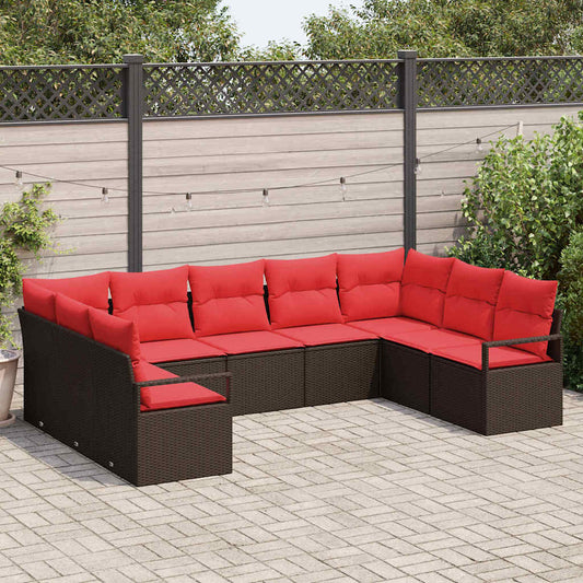 Set Divano da Giardino 9 pz Marrone e Rosso polyrattan