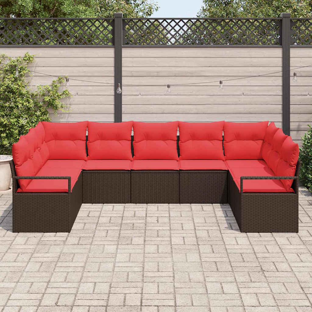 Set Divano da Giardino 9 pcs Marrone e Rosso polyrattan