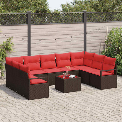 Set Divano da Giardino 10 pcs Marrone e Rosso polyrattan