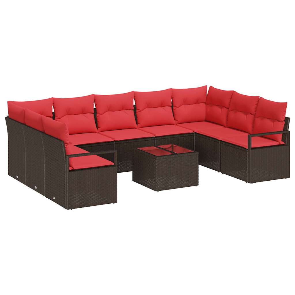 Set Divano da Giardino 10 pcs Marrone e Rosso polyrattan