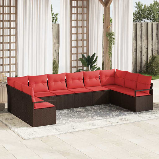 Set Divano da Giardino 10 pcs Marrone e Rosso polyrattan | homemem39