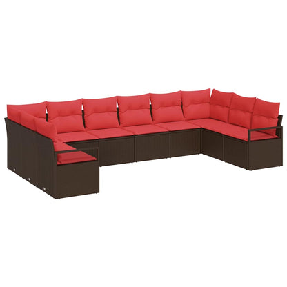 Set Divano da Giardino 10 pcs Marrone e Rosso polyrattan