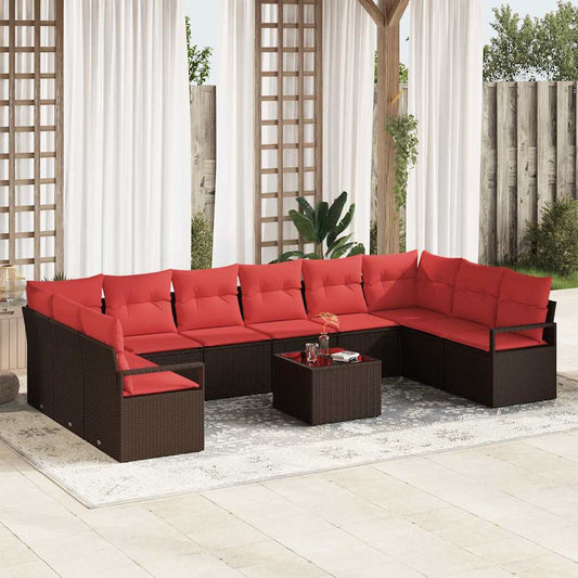 Set Divano da Giardino 11 pz Marrone e Rosso polyrattan