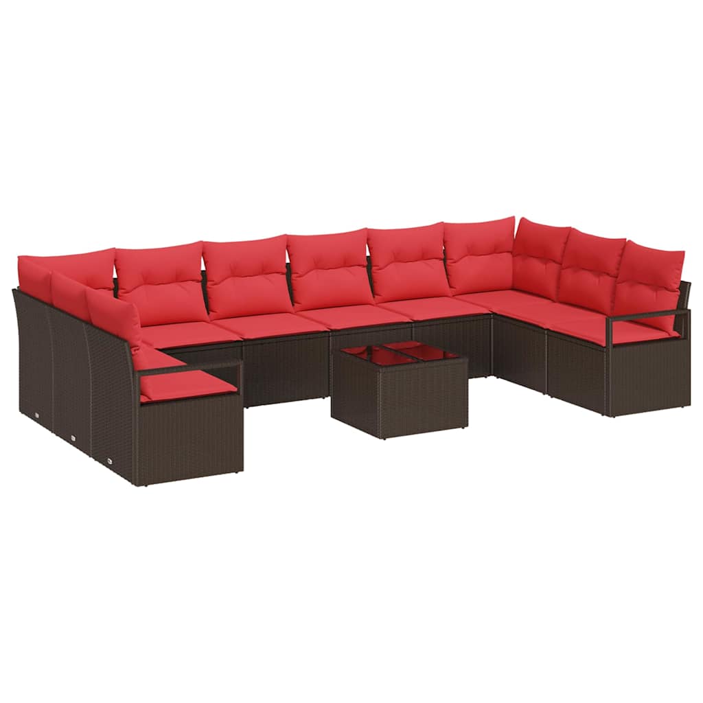 Set Divano da Giardino 11 pcs Marrone e Rosso polyrattan