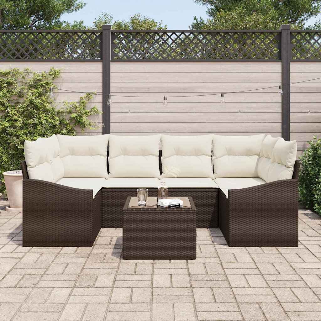 Set di divani con cuscino 7 pcs Marrone e Crema polyrattan | homemem39