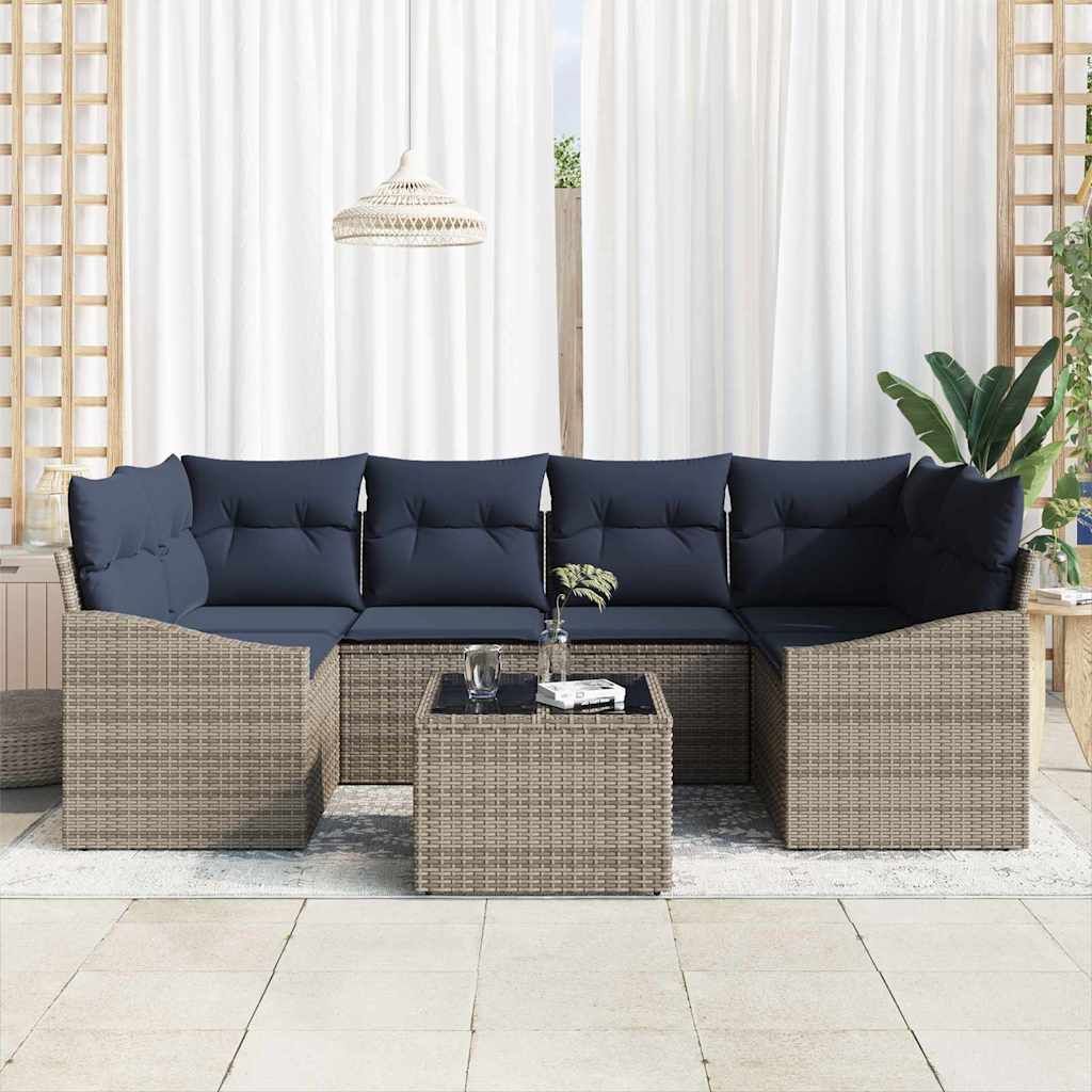 Set di divani con cuscino 7 pcs Grigio e Blu Navy polyrattan | homemem39