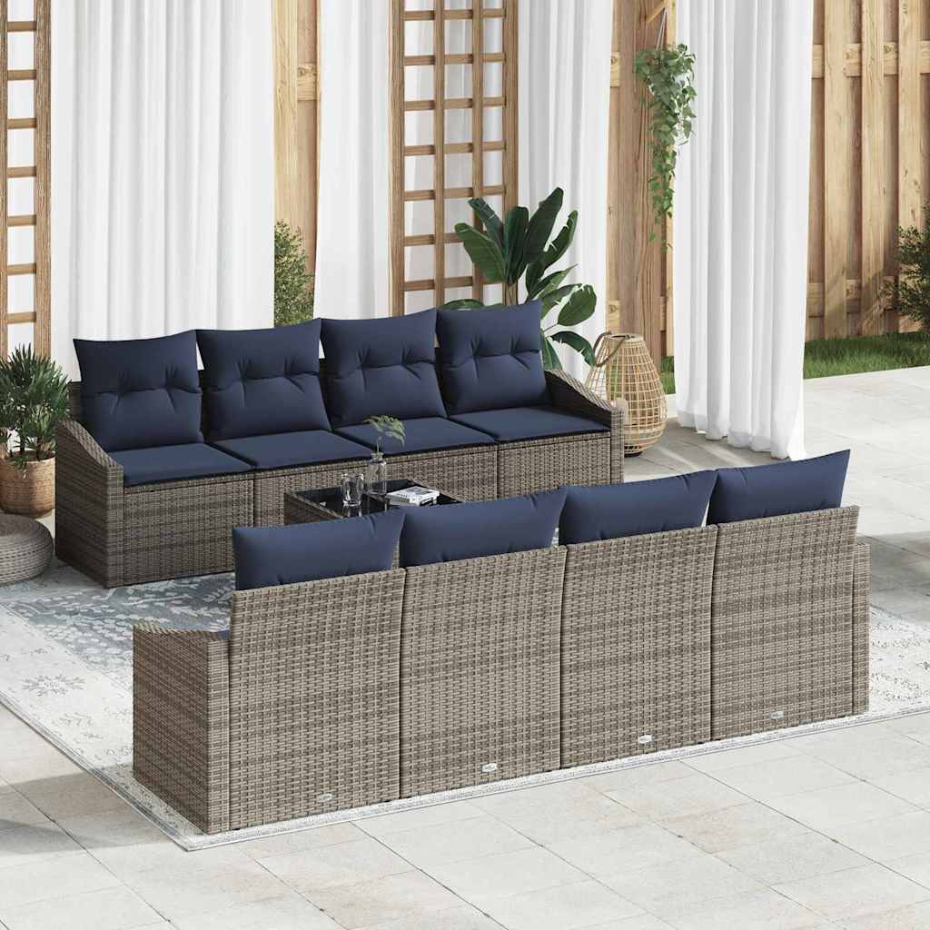 Set di divani con cuscino 9 pcs Grigio e Blu Navy polyrattan | homemem39