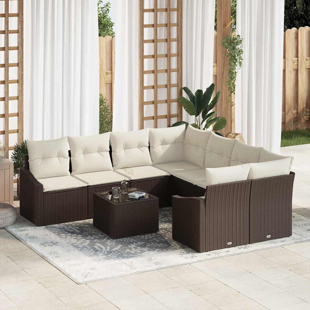 Set di divani con cuscino 9 pcs Marrone e Crema polyrattan | homemem39