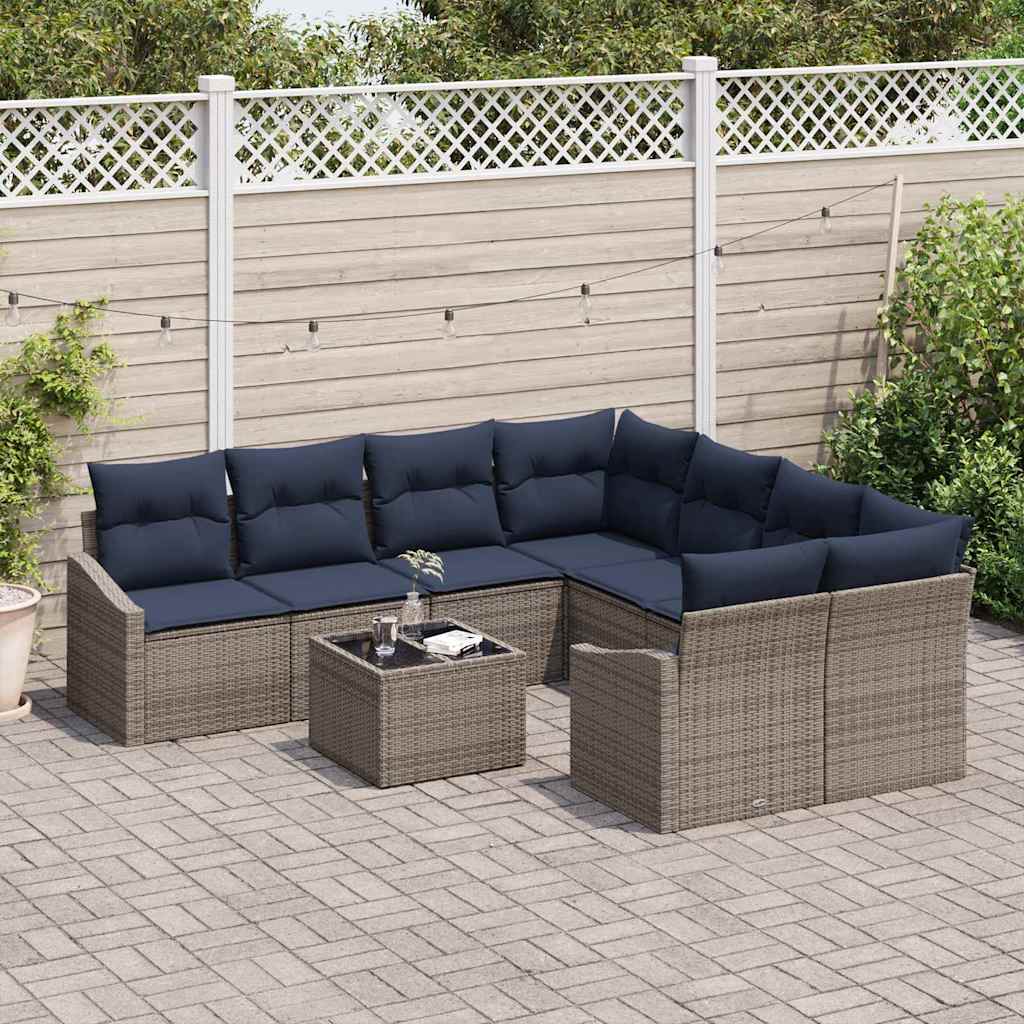 Set di divani con cuscino 9 pcs Grigio e Blu Navy polyrattan | homemem39
