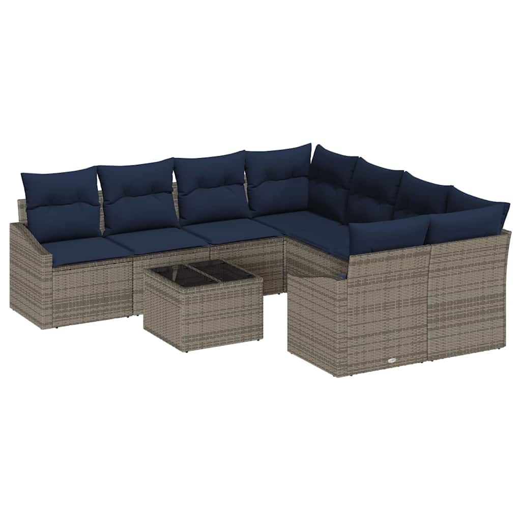 Set di divani con cuscino 9 pcs Grigio e Blu Navy polyrattan | homemem39