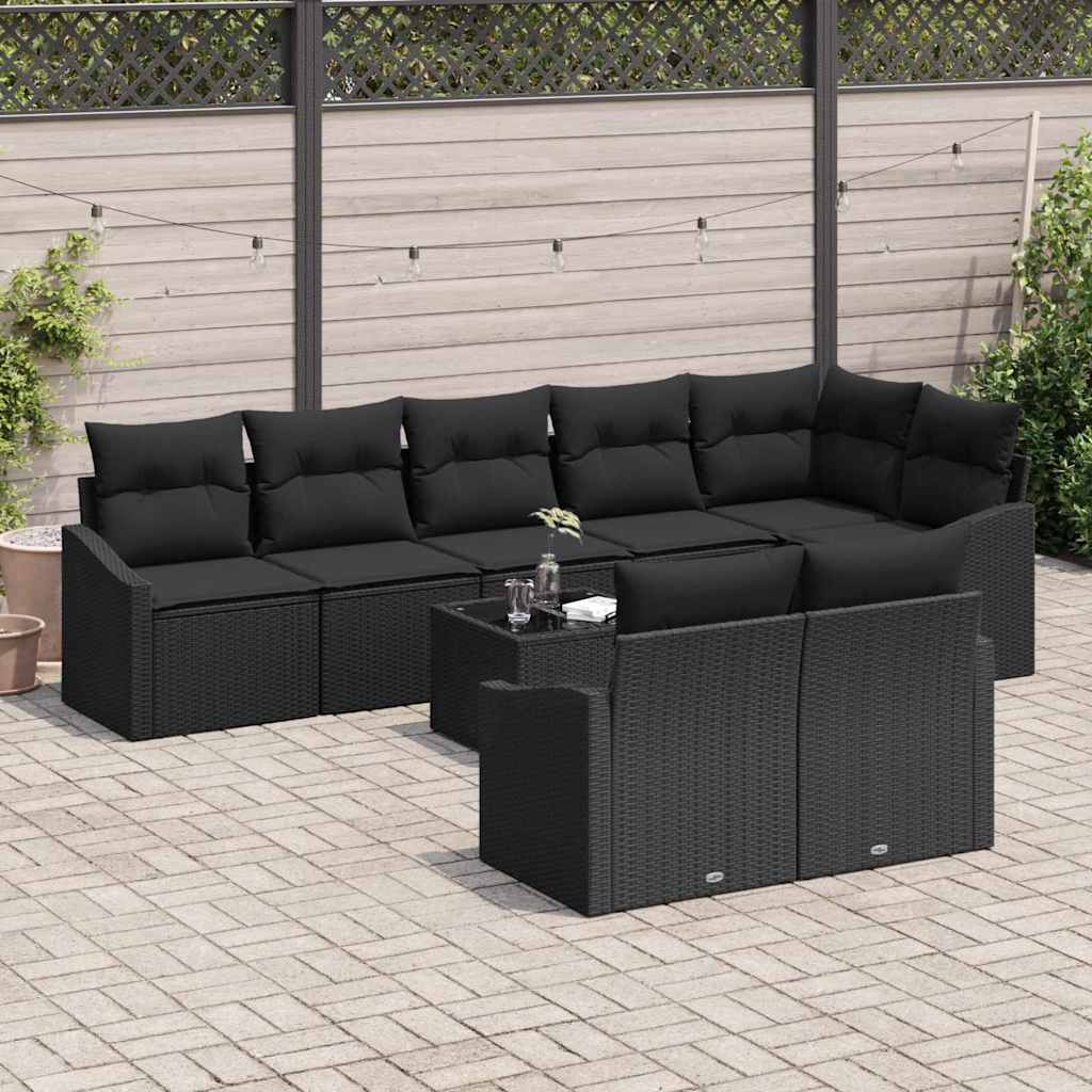Set Divano da Giardino con cuscino 9 pcs Nero polyrattan | homemem39