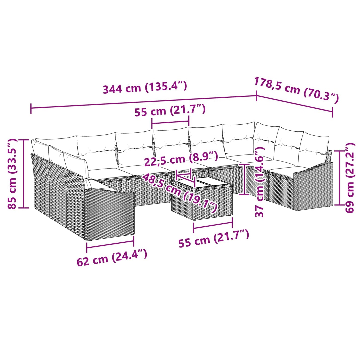 Set Divano da Giardino Grigio chiaro polyrattan