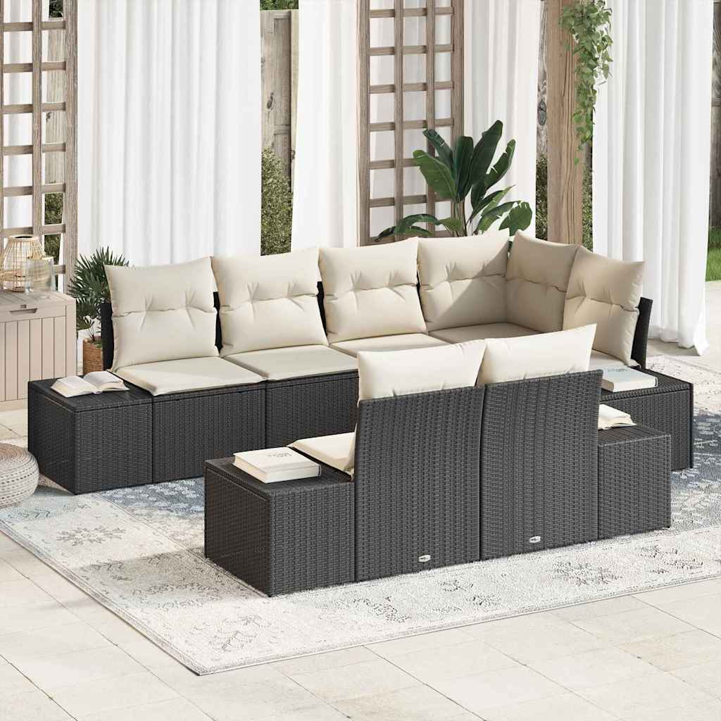 Set Divano da Giardino 7 pcs Nero e Crema polyrattan