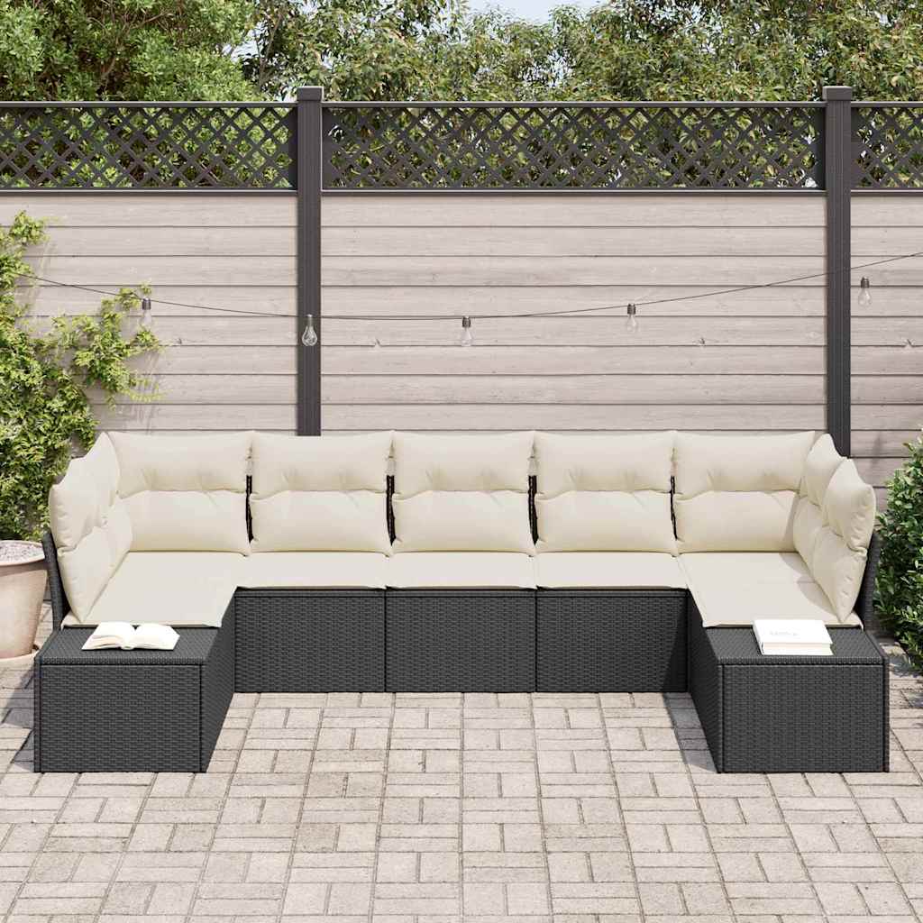 Set Divano da Giardino 7 pcs Nero e Crema Poly Rattan | homemem39