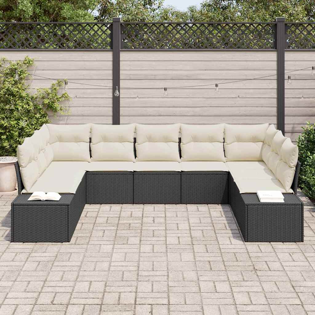Set Divano da Giardino 9 pcs Nero e Crema Polyrattan | homemem39
