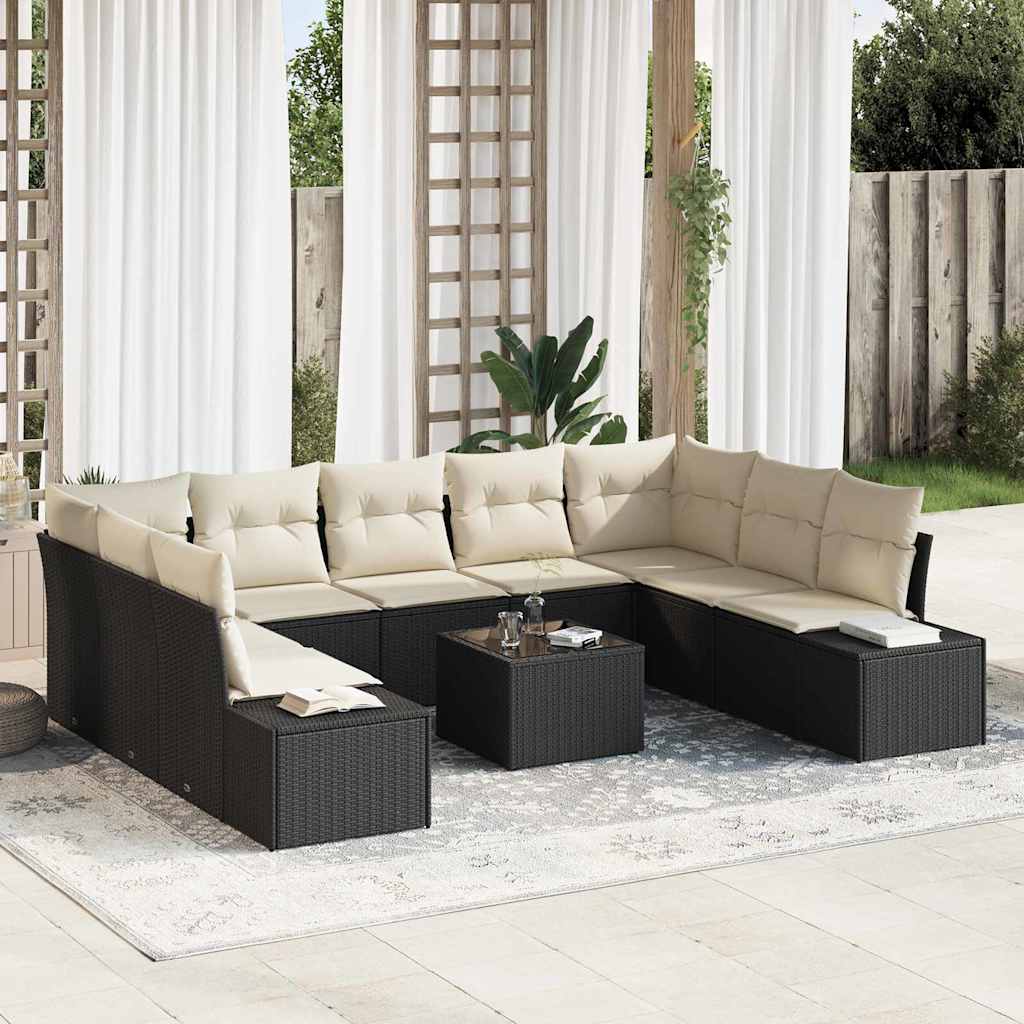 Set Divano da Giardino 9 pcs Nero e Crema Polyrattan