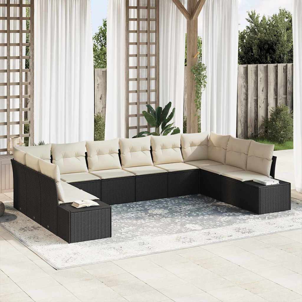 Set Divano da Giardino 10 pcs Nero e Crema Polyrattan | homemem39