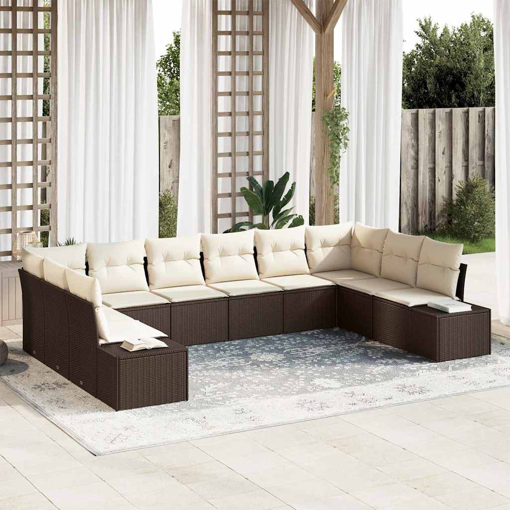 Set Divano da Giardino 10 pcs Marrone e Crema Polyrattan | homemem39