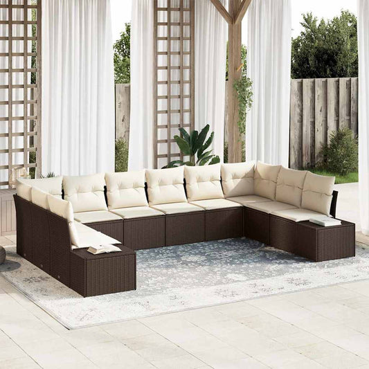 Set Divano da Giardino 10 pcs Marrone e Crema Polyrattan
