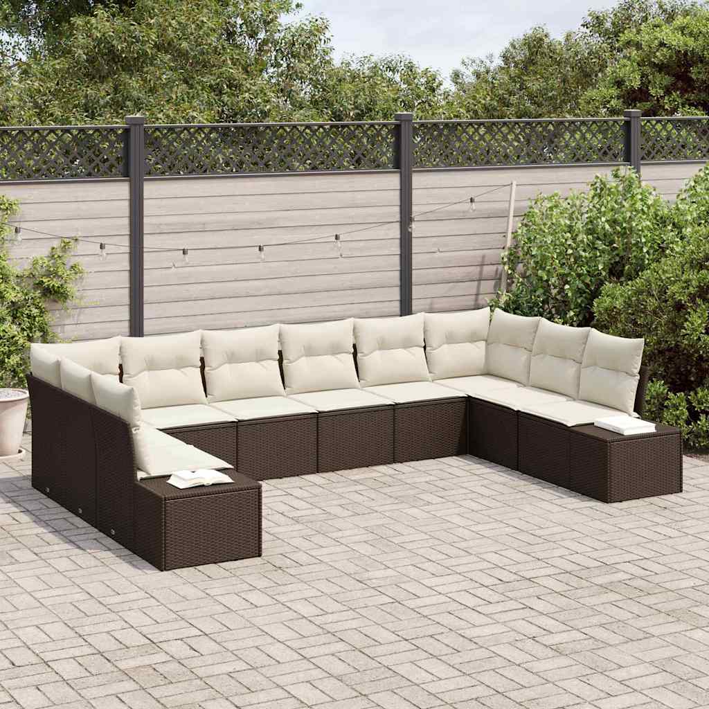 Set Divano da Giardino 10 pcs Marrone e Crema Polyrattan | homemem39