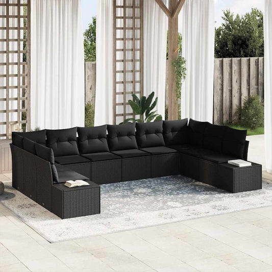 Set Divano da Giardino con cuscino 10 pcs Nero Polyrattan