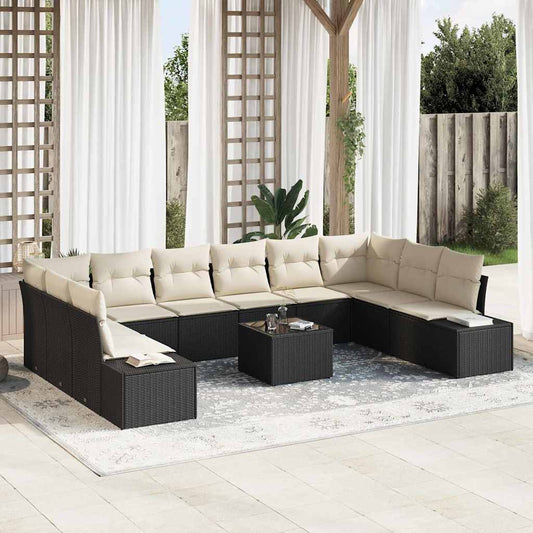 Set Divano da Giardino 10 pcs Nero e Crema Polyrattan