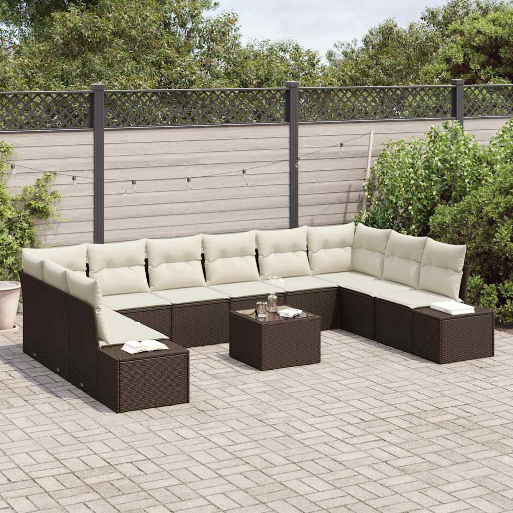 Set Divano da Giardino 10 pcs Marrone e Crema Polyrattan