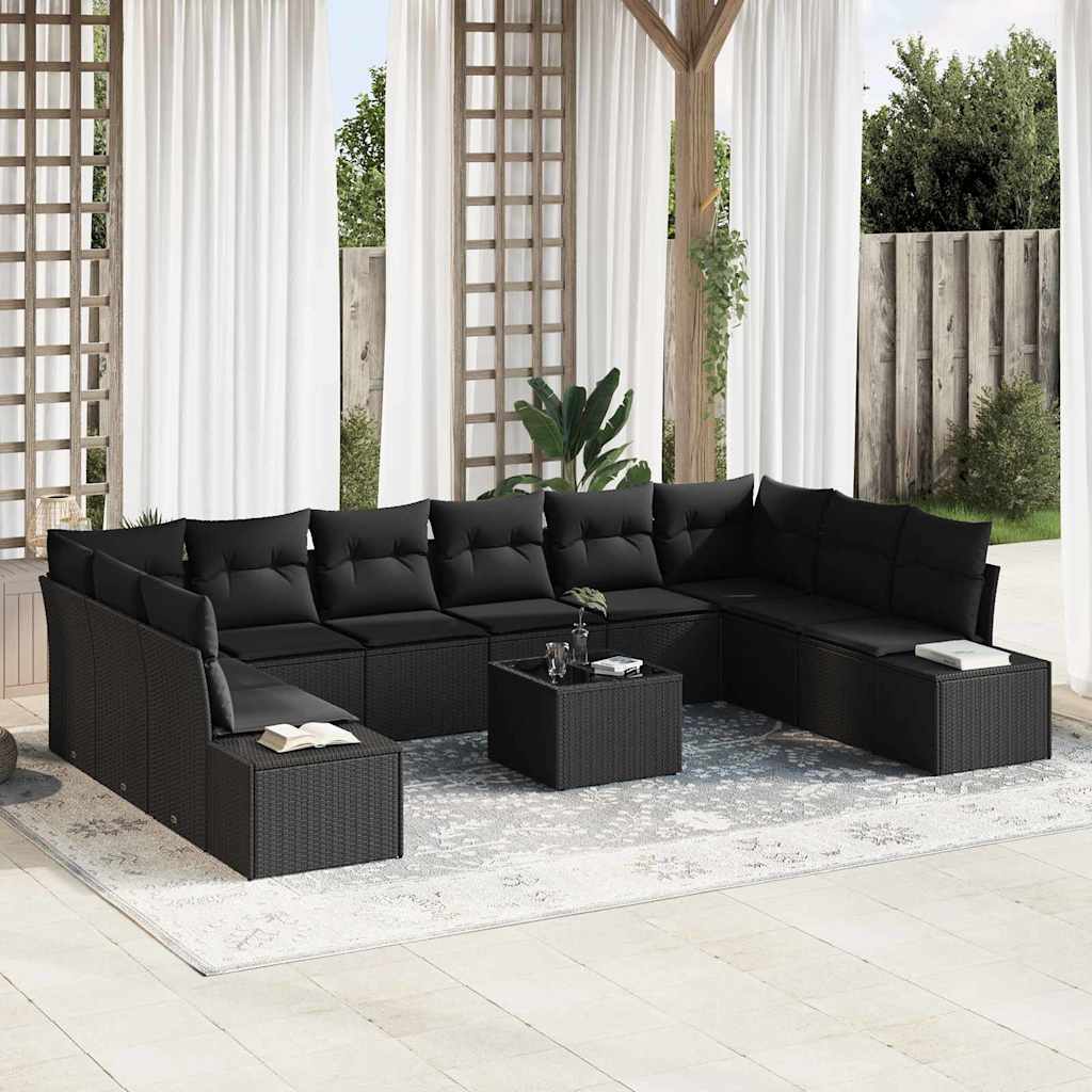 Set Divano da Giardino con cuscino 10 pcs Nero Polyrattan | homemem39