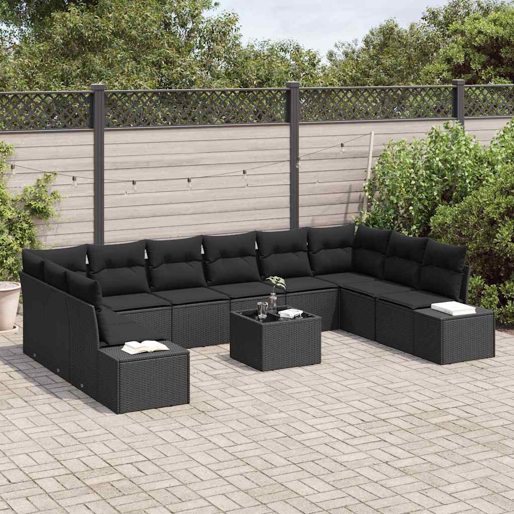 Set Divano da Giardino con cuscino 10 pcs Nero Polyrattan | homemem39